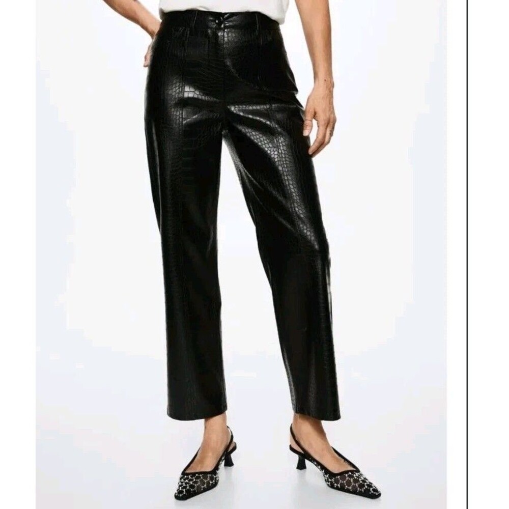 MANGO MNG BLACK FAUX LEATHER CROCO EMBOSSED PANTS SZ US 8 EUR 40